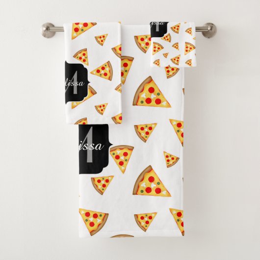 Koele en leuke pizza plakjes patroon Monogram wit Bad Handdoek (Insitu)