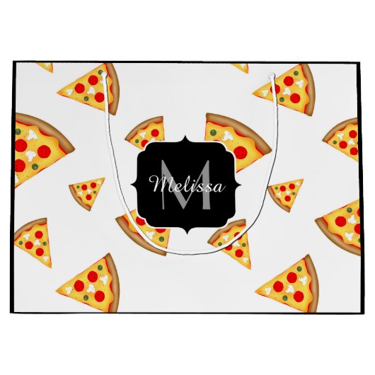 Koele en leuke pizza plakjes patroon Monogram wit Groot Cadeauzakje (Voorkant)
