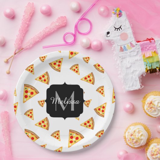 Koele en leuke pizza plakjes patroon Monogram wit Papieren Bordje (Feest)