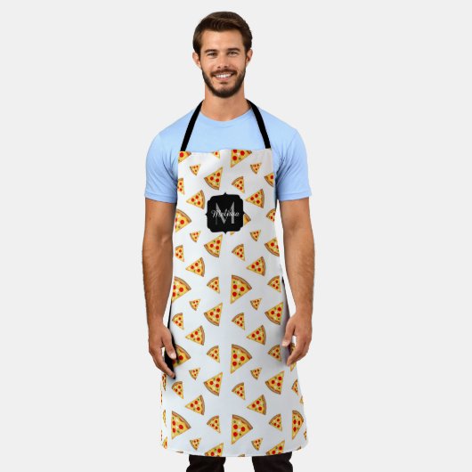 Koele en leuke pizza plakjes patroon Monogram wit Schort (Gedragen)