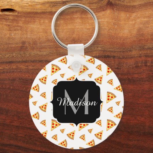 Koele en leuke pizza plakjes patroon Monogram wit Sleutelhanger (Voorkant)