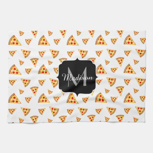 Koele en leuke pizza plakjes patroon Monogram wit Theedoek (Horizontaal)