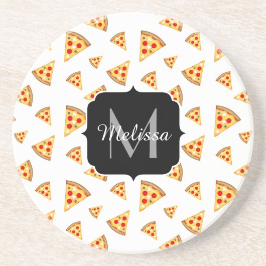Koele en leuke pizza plakjes patroon Monogram wit Zandsteen Onderzetter (Voorkant)