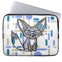 Koele Fennek Vos met Zonnebril Blauwe Geometrische Laptop Sleeve