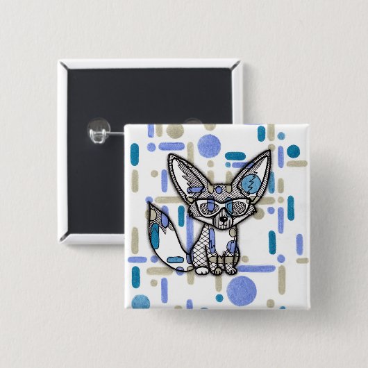 Koele Fennek Vos met Zonnebril Blauwe Geometrische Vierkante Button 5,1 Cm (Voorkant /achterkant)
