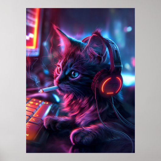 Koele Gamer Kat Rookt Grappig Poster (Voorkant)