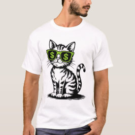 Koele Geldkat met Dollarteken Bril Vintage T-shirt