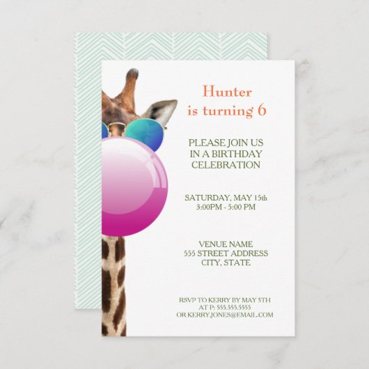 Koele Giraffe en Bubblegum | feestuitnodiging Kaart (Voorkant / Achterkant)