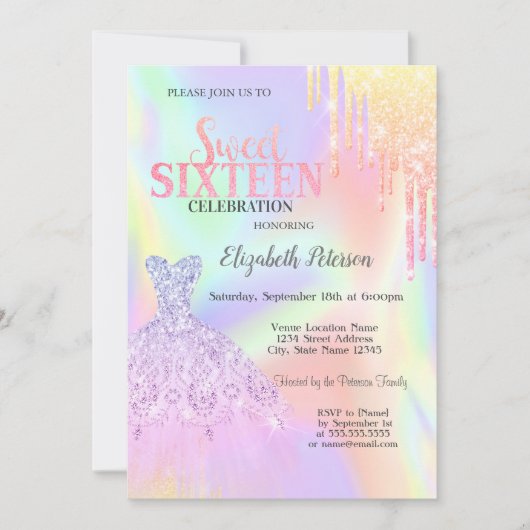 Koele Glitter Drips, Jurk Holografisch Zoet 16 Kaart (Voorkant)