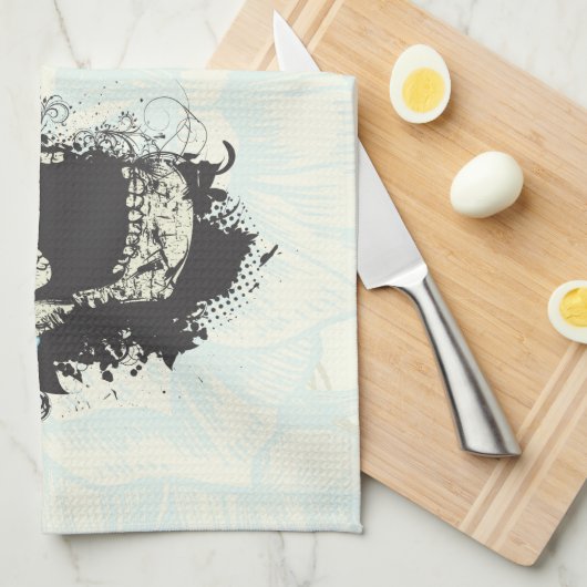 Koele gotische schedel en blauw roos op maat theedoek (Quarter Fold)