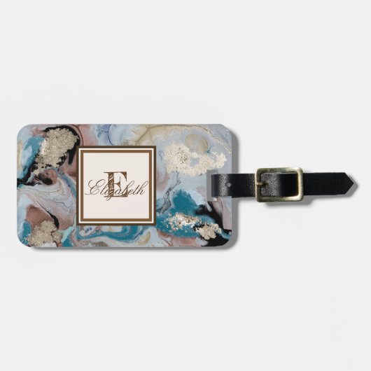 Koele gouden marmer textuur monogram bagagelabel (Voorkant horizontaal)