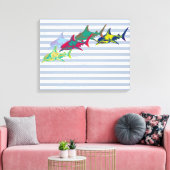 Koele haai op witte strepen canvas afdruk (Insitu (Woonkamer))