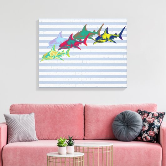 Koele haai op witte strepen canvas afdruk (Insitu (Woonkamer))