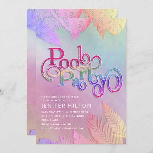 Koele holografische tropische bladeren script pool kaart (Voorkant / Achterkant)