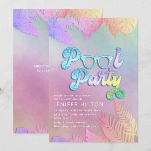 Koele holografische tropische bladeren script pool kaart (Voorkant / Achterkant)