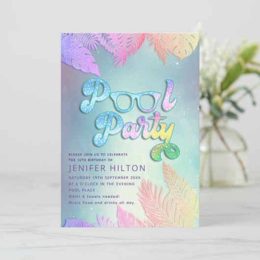 Koele holografische tropische bladeren script pool kaart (Staand voorkant)