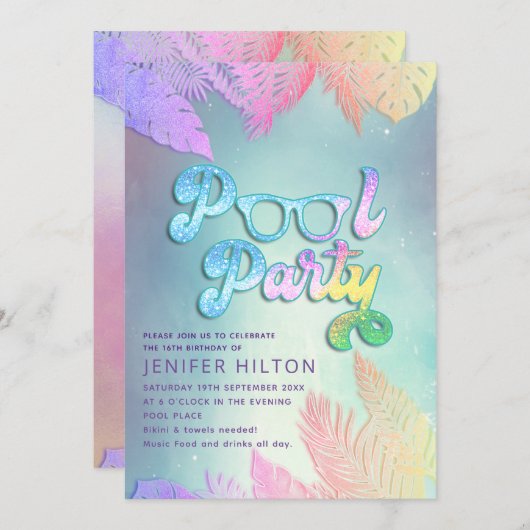 Koele holografische tropische bladeren script pool kaart (Voorkant / Achterkant)