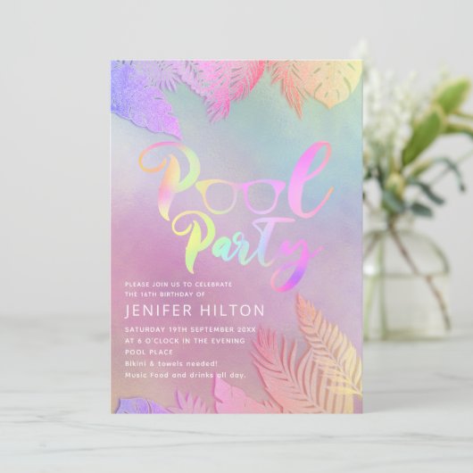 Koele holografische tropische bladeren script pool kaart (Staand voorkant)