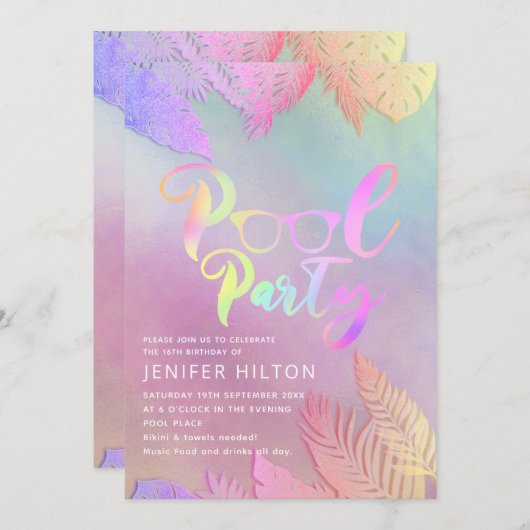 Koele holografische tropische bladeren script pool kaart (Voorkant / Achterkant)