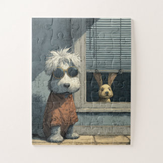 Koele hond en nieuwsgierige Bunny Jigsaw Puzzel
