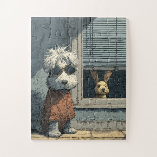 Koele hond en nieuwsgierige Bunny Jigsaw Puzzel (Verticaal)