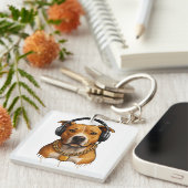 Koele hond met hoofdtelefoon en gouden ketting - U Sleutelhanger (Voorkant Rechts)