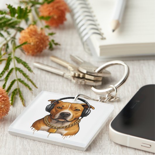 Koele hond met hoofdtelefoon en gouden ketting - U Sleutelhanger (Voorkant Rechts)