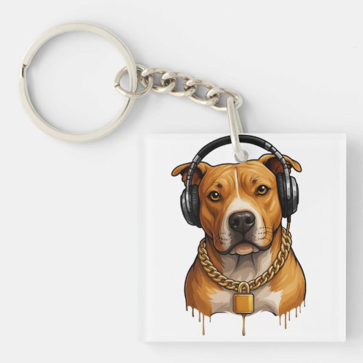 Koele hond met hoofdtelefoon en gouden ketting - U Sleutelhanger (voorkant)