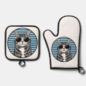 Koele kat die een zonnebril draagt ovenwant & pannenlap set (Voorkant)