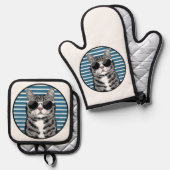 Koele kat die een zonnebril draagt ovenwant & pannenlap set (Voorkant / Achterkant)