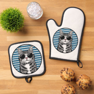 Koele kat die een zonnebril draagt ovenwant & pannenlap set