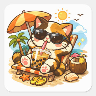 Koele kat die ontspant op strandstoel   Zomer kat  Vierkante Sticker