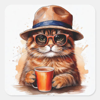 Koele Kat Drinkt Koffie Vierkante Stickers