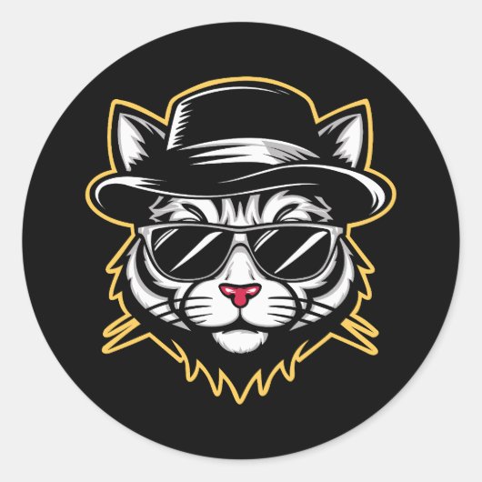 Koele Kat Fedora Zonnebril Ronde Sticker (Voorkant)