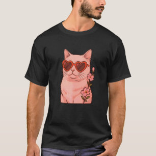 Koele Kat Met Hart Bril Schattige Bloemstijl, Leuk T-shirt