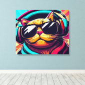 koele kat met koptelefoon kunstprint canvas afdruk (Insitu (Houten vloer))