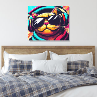 koele kat met koptelefoon kunstprint canvas afdruk