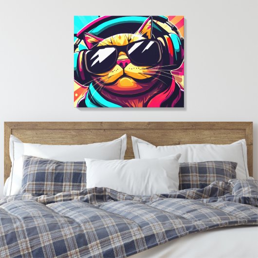 koele kat met koptelefoon kunstprint canvas afdruk (Insitu (Slaapkamer))