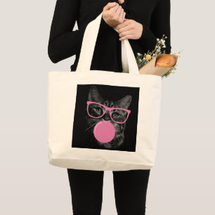 Koele kat met roze bril en bubbelkauwgom grote tote bag