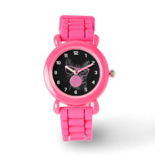 Koele kat met roze bril en bubbelkauwgom horloge