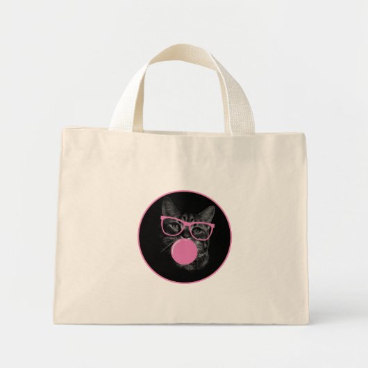 Koele kat met roze bril en bubbelkauwgom mini tote bag (Voorkant)