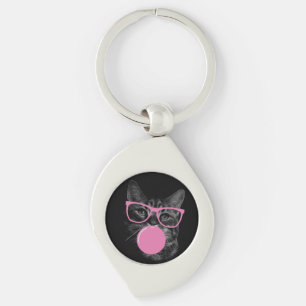 Koele kat met roze bril en bubbelkauwgom sleutelhanger