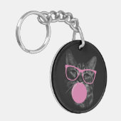 Koele kat met roze bril en bubbelkauwgom sleutelhanger (Voorkant Links)