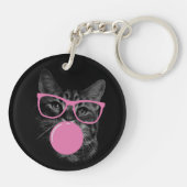 Koele kat met roze bril en bubbelkauwgom sleutelhanger (Achterkant)