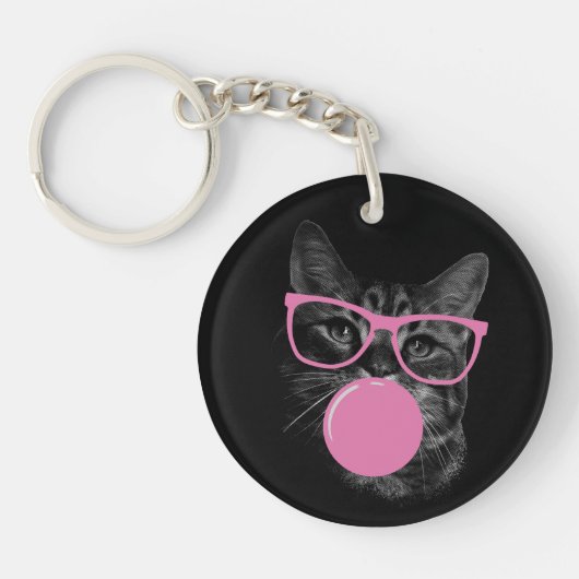Koele kat met roze bril en bubbelkauwgom sleutelhanger (Voorkant)