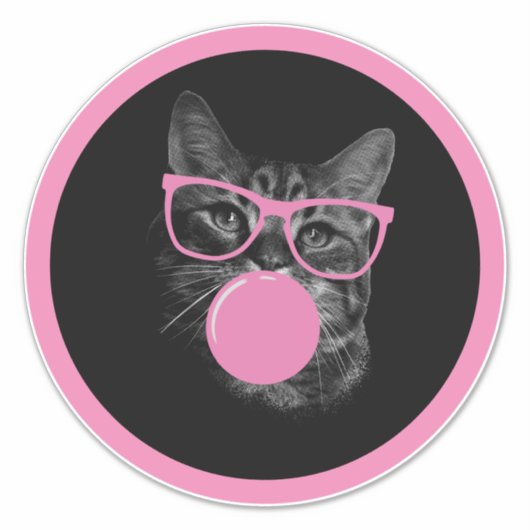 Koele kat met roze bril en bubbelkauwgom sticker (Voorkant)
