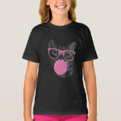 Koele kat met roze bril en bubbelkauwgom t-shirt (Voorkant)