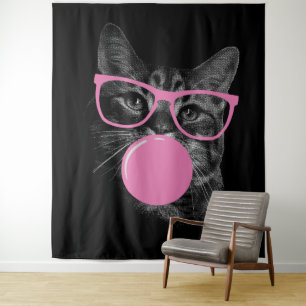 Koele kat met roze bril en bubbelkauwgom wandkleed