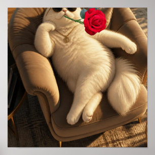 Koele kat met zonnebril en rode roos poster