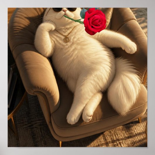 Koele kat met zonnebril en rode roos poster (Voorkant)